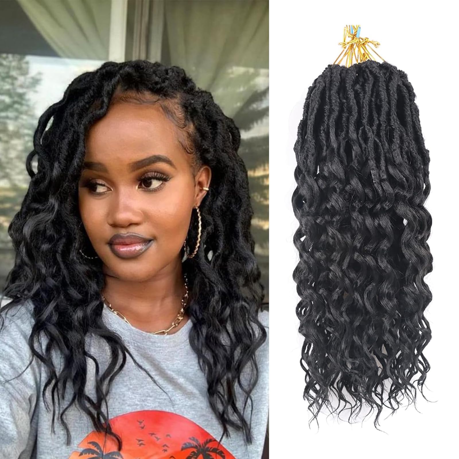FANWYFYU 14 Inch Goddess Locs Crochet Hair Deep Wave 6Packs New Soft Faux Locs Crochet Braids Pre Looped Hair Extensions for Black Women(1B) — image 1