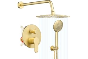 Gabrylly Gold Shower System, Shower Faucet Set with Pressure Balance Shower Valve, 12 Inch Gold Shower Heads with 5-Setting handheld Spray Combo, High Pressure Shower Fixtures Kit, Brushed Gold