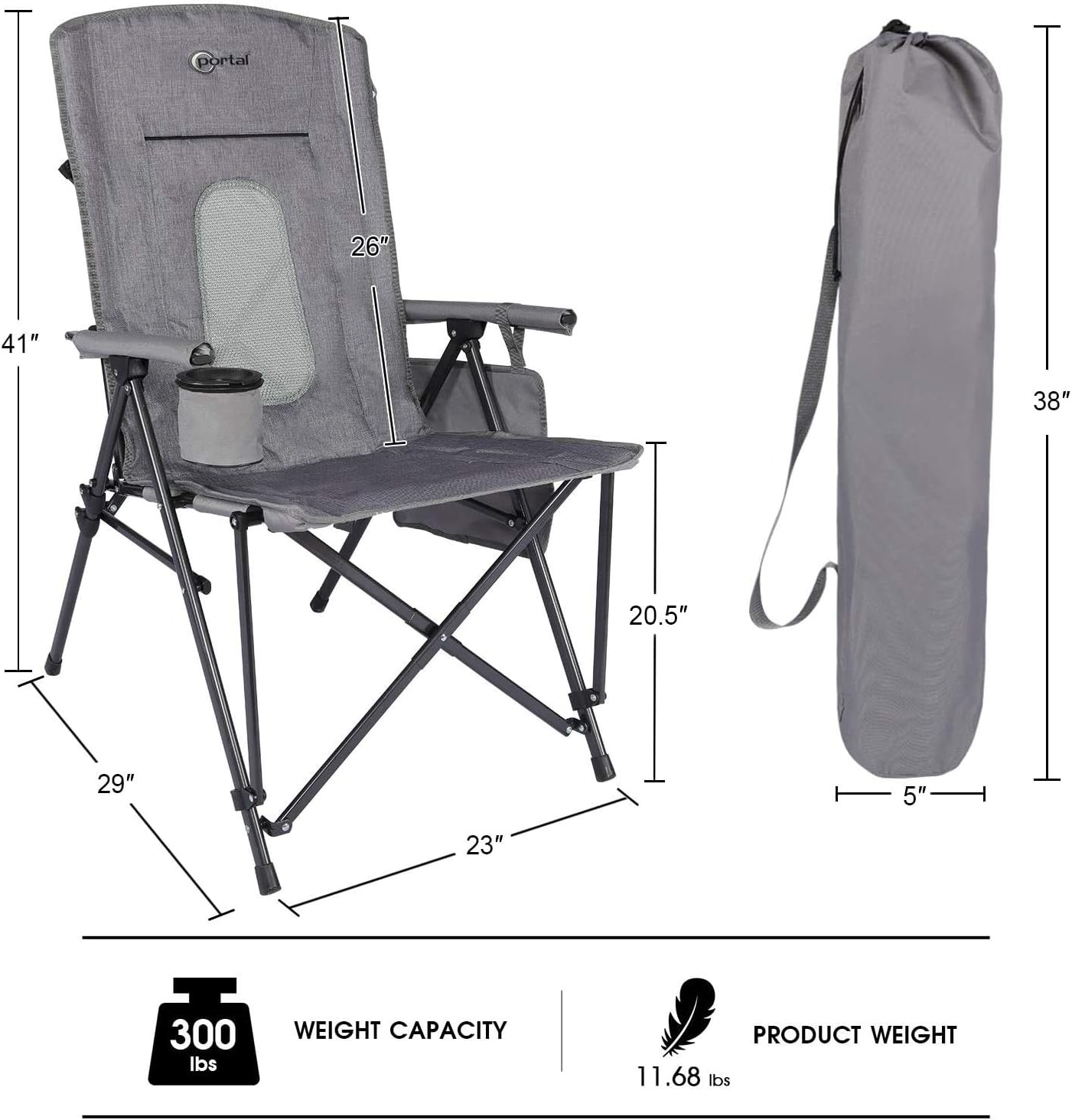 Portal Oversized Quad Folding Camping Chair High Back Cup Holder Hard Armrest Storage Pockets Carry Bag Included, Support 300 lbs (Heathered) : Sports & Outdoors