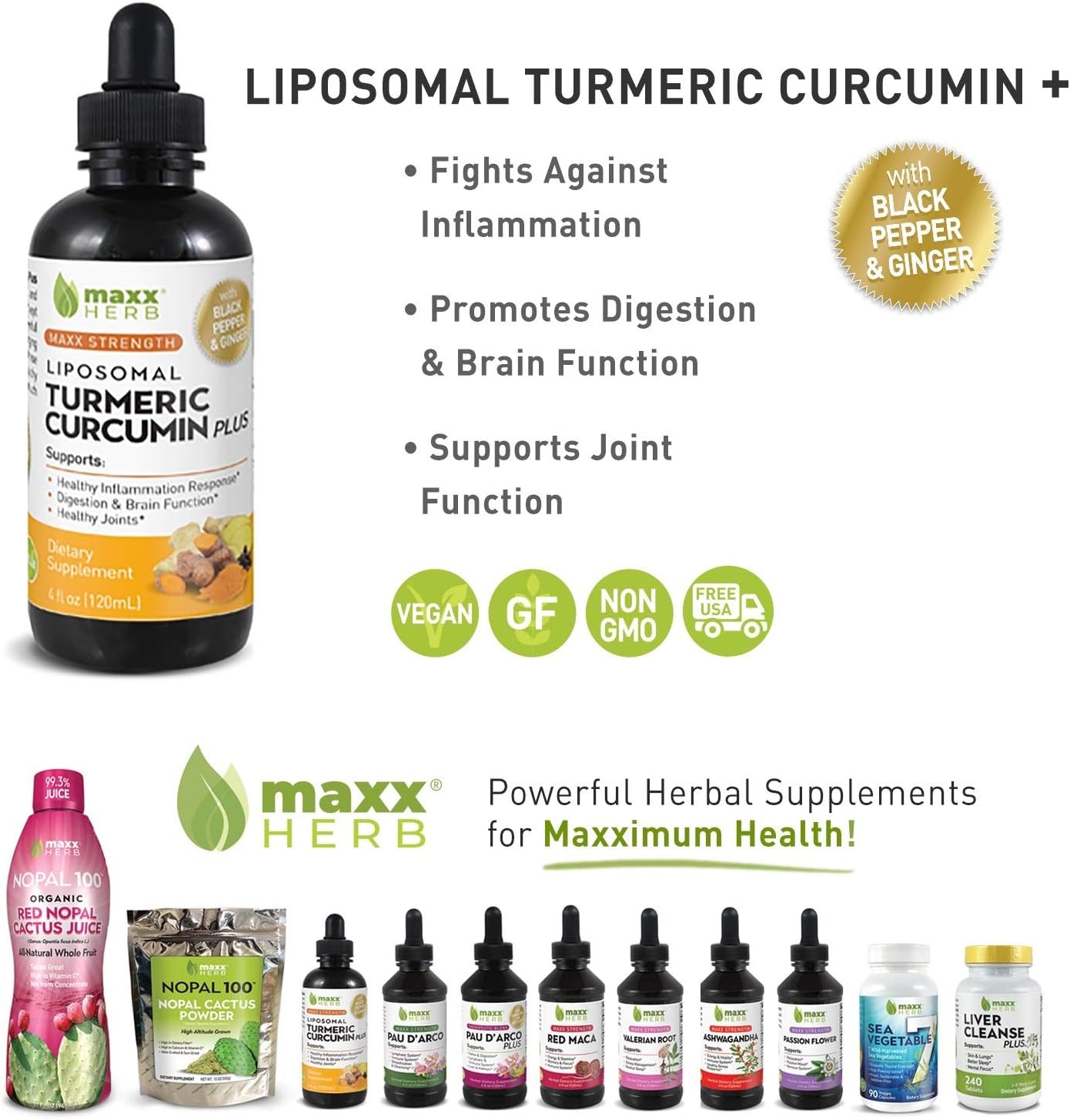 Maxx Herb Liposomal Turmeric Curcumin Plus Liquid Extract (4 Oz Bottle & Dropper) with Black