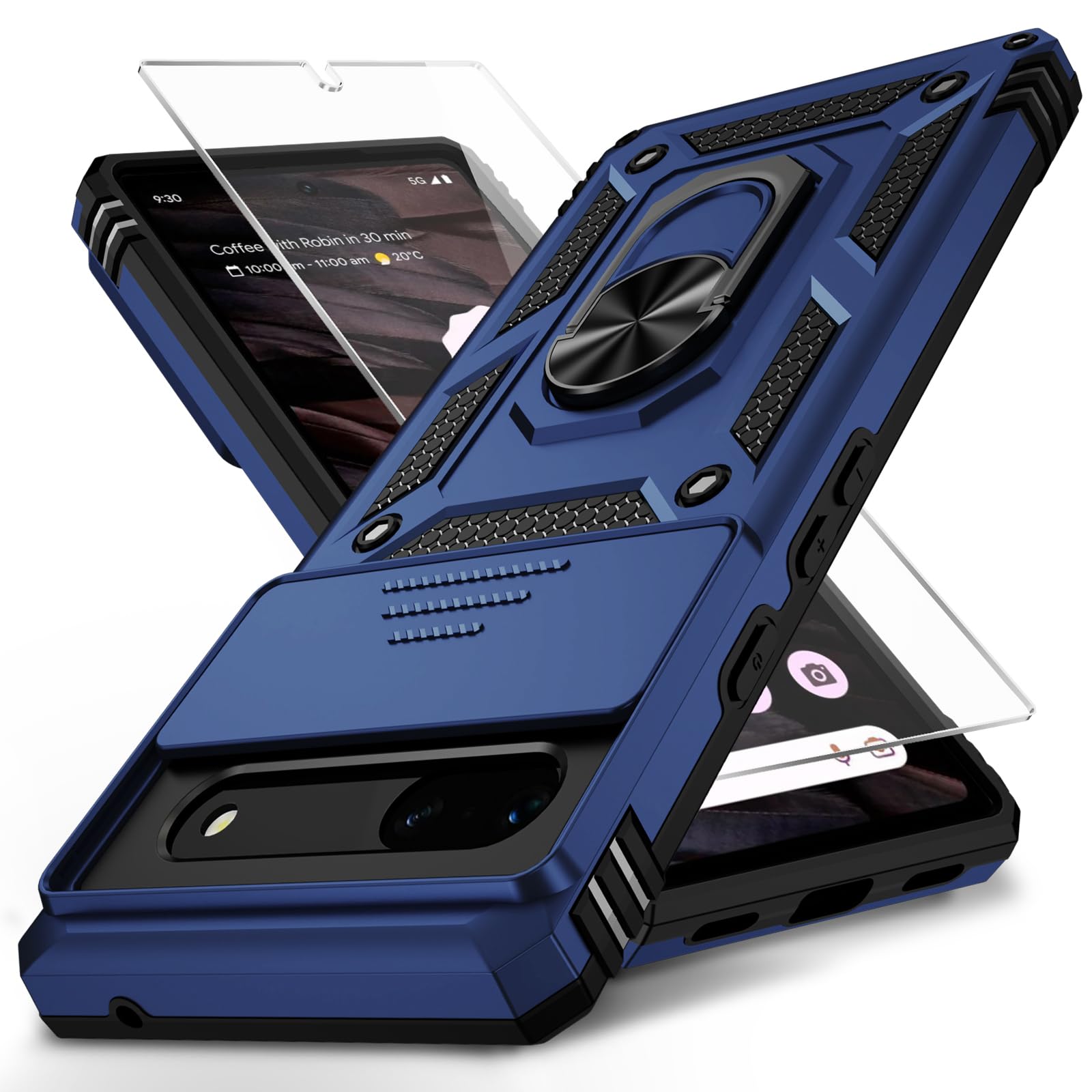 Weycolor for Google Pixel 6A Case with Camera Lens Cover HD Screen Protector, 10 FT Military Grade Drop Protection, Magnetic Ring Holder Kickstand Protective Phone Case,Navy Blue