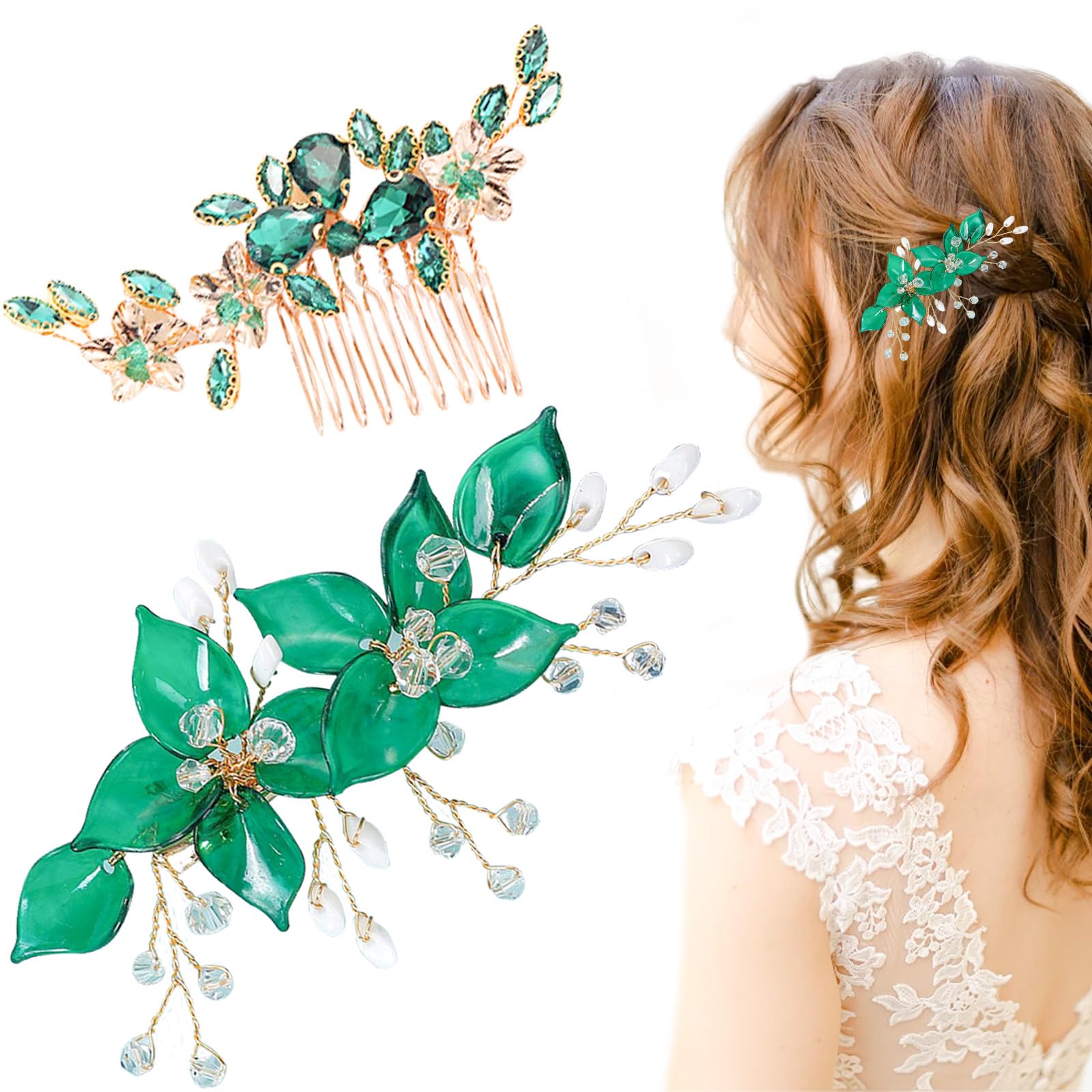 2 PCS Wedding Hair Accessories for Brides Daisy Flower Hair Clips Golden Leaves Green Emerald Crystal Hair Pins Fashion Anti-slip Rhinestone Hair Slidecomb for Women Girls Hair accessories (Green)