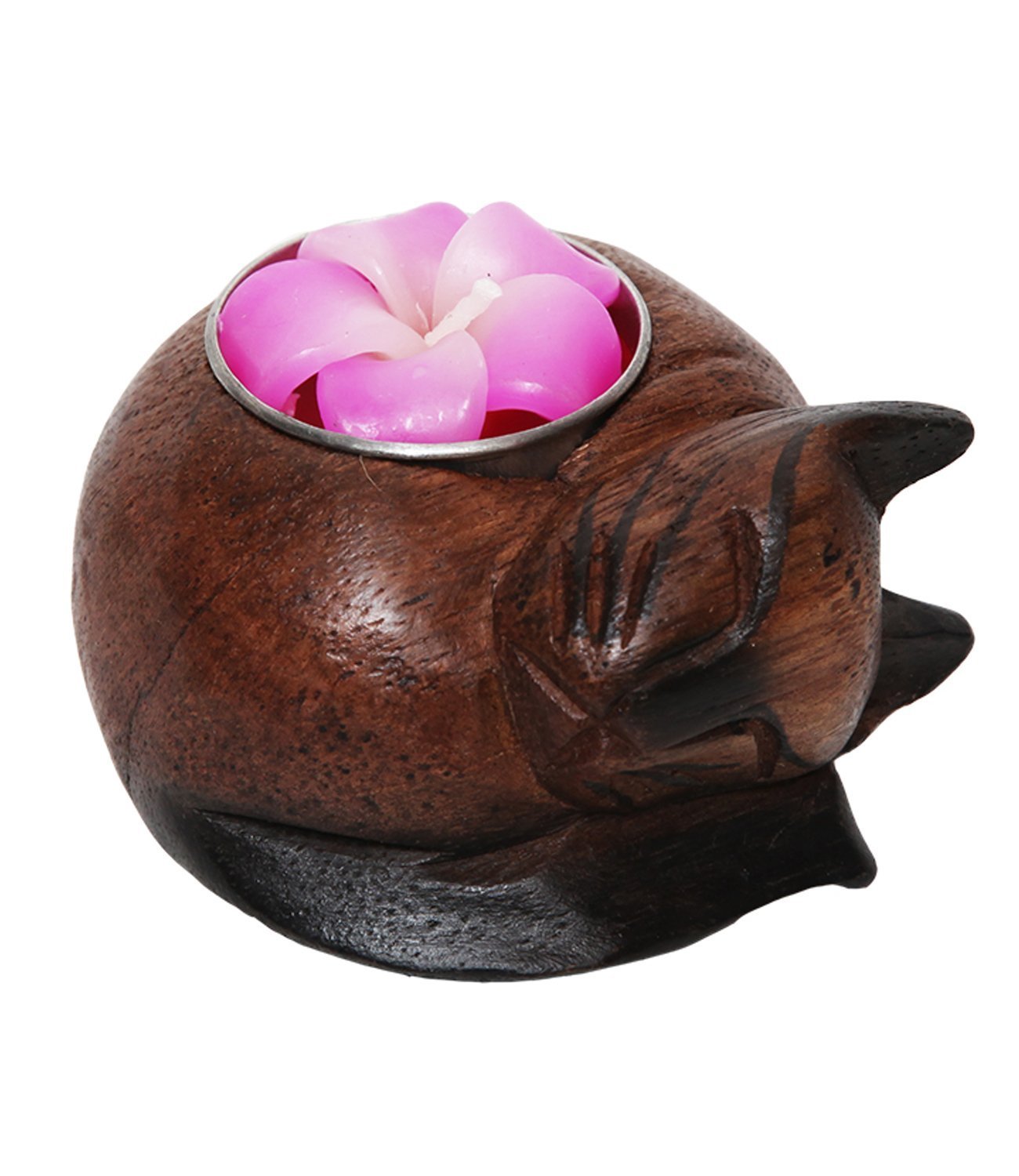 1x Fair Trade Wooden Cat Tealight / Candle Holder