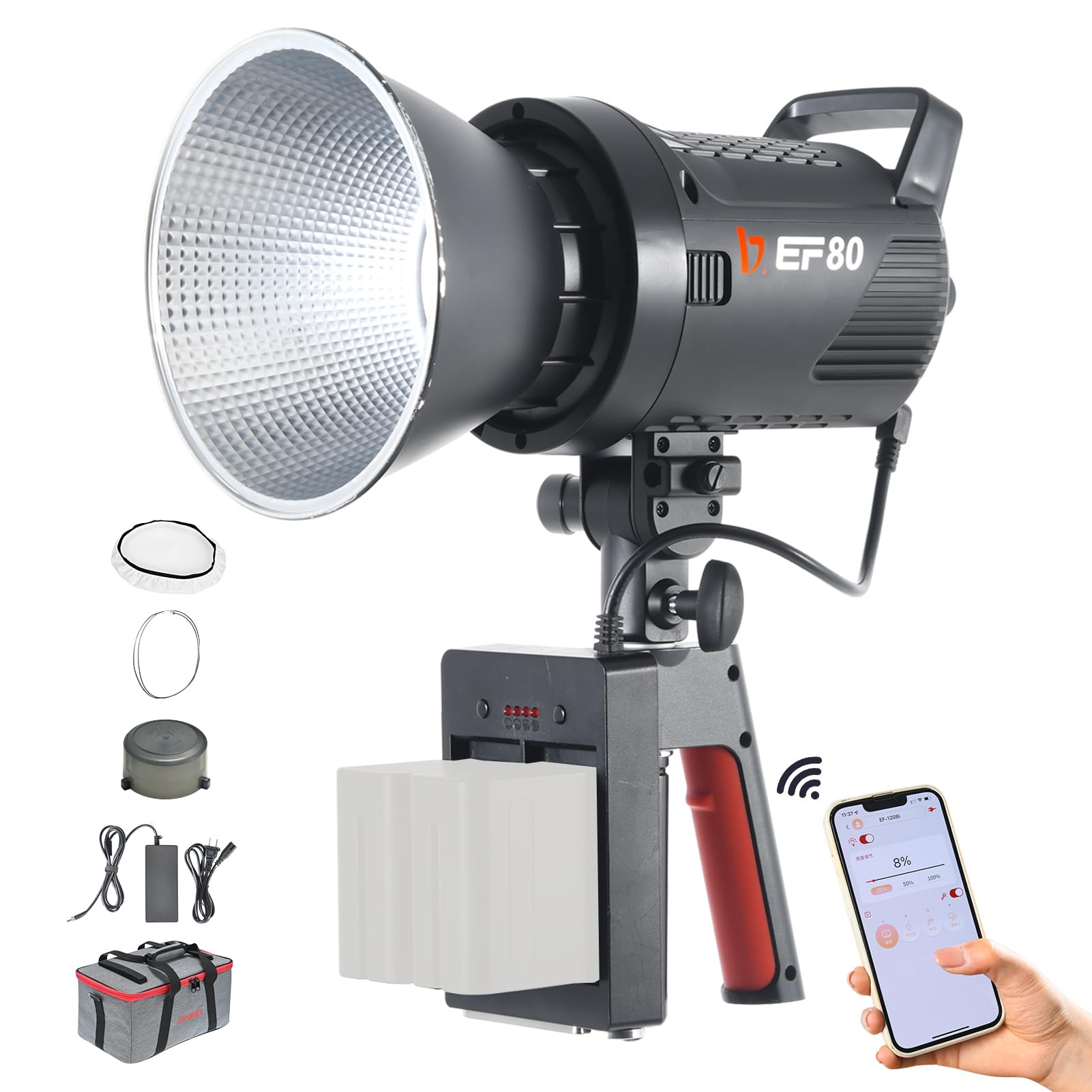 Photo 1 of JINBEI EF-80 80W Led Video Light with F970 Handle Battery Box 5500K±100K Daylight COB LED CRI97+ TLCI98+ Bowens Mount 9 Lighting Effects Continuous Light Support Bluetooth APP Control