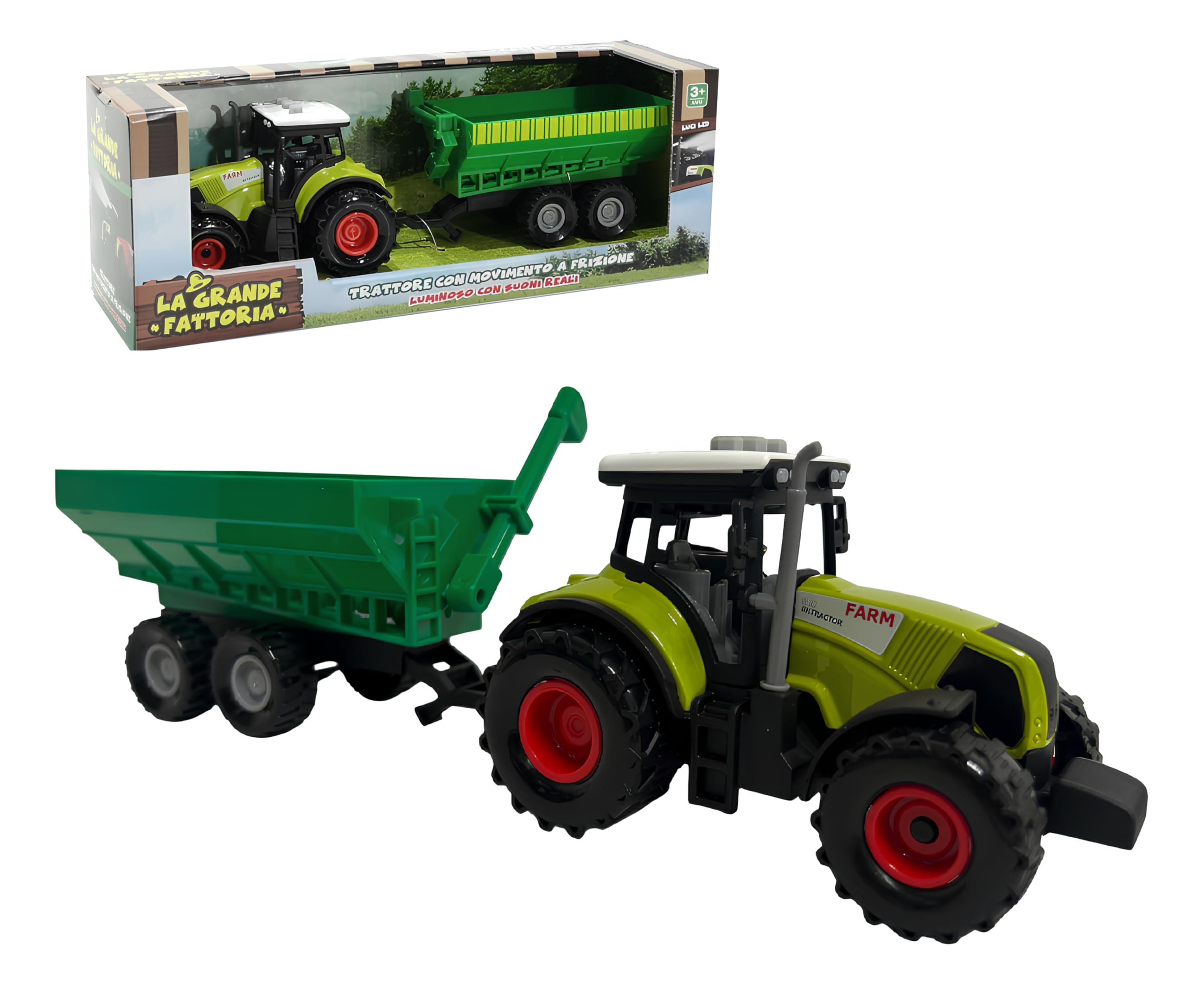 Generico Tractor with Trailer, Farm Tractor Toy with Real Lights and Sounds, 14 cm Tractor + 16 cm Trailer = 30 cm Combined, Toddler Boys