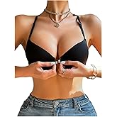 GORGLITTER Women's Push Up Racerback Bras Front Closure Underwire Bras Rhinestone Lace Padded Plunge Bralettes