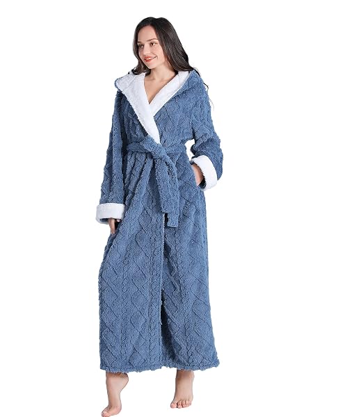 LKG WOMEN’S ROBES LONG PLUSH HOODED LADIES SHOWER LUXURY CHRISTMAS WARM FUZZY ROBES HOUSE COAT BATHROBE FOR WOMEN FULL LENGTH (LARGE BLUE)