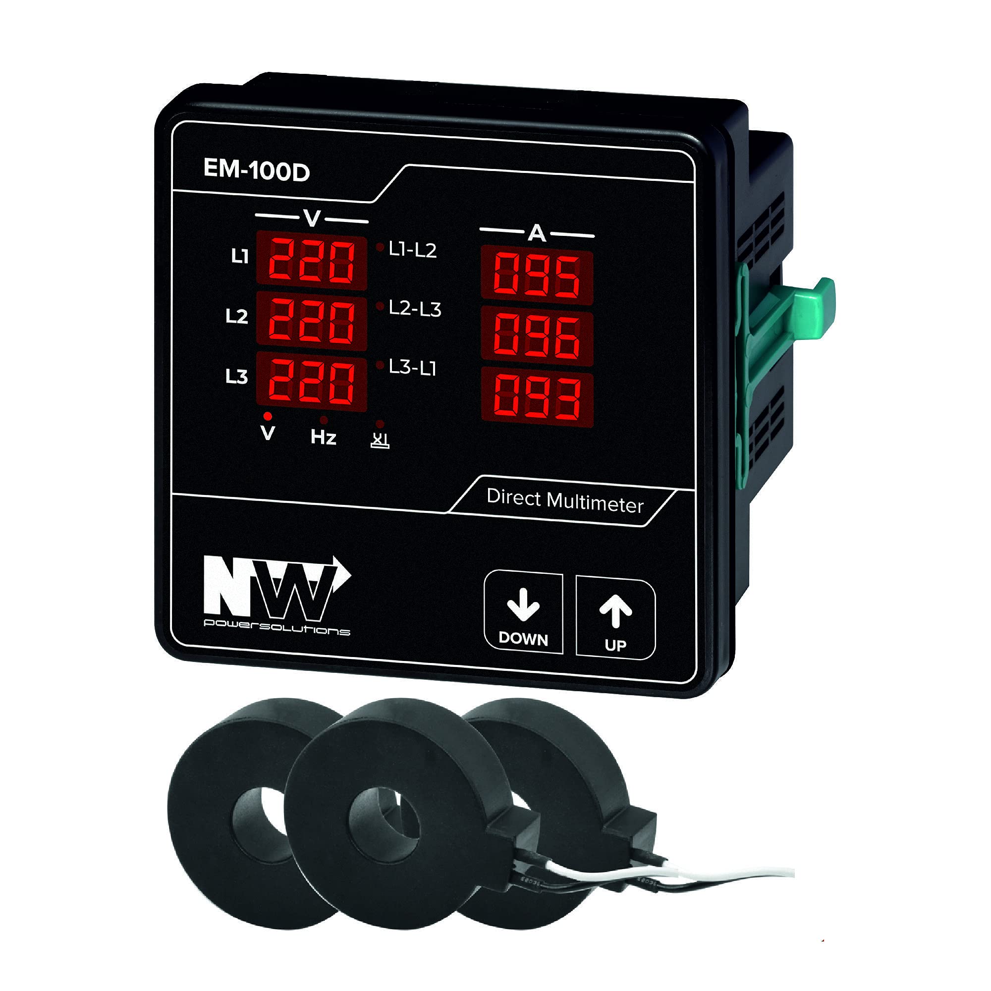 NWP EM-100D NW Built-in Meter for Current (1A-100A), Voltage and Frequency, 3-Phase, Black