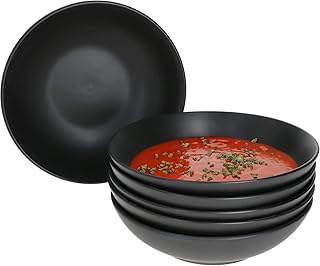 MamboCat Lampart Nero 6X Suppen-Teller schwarz I Tiefe Teller Set für 6 Personen I Suppenteller tief im modernen Ethno-Stil I Pasta-Bowl & Müsli-Schale groß I Steingut-Teller schwarz matt 6 Stück
