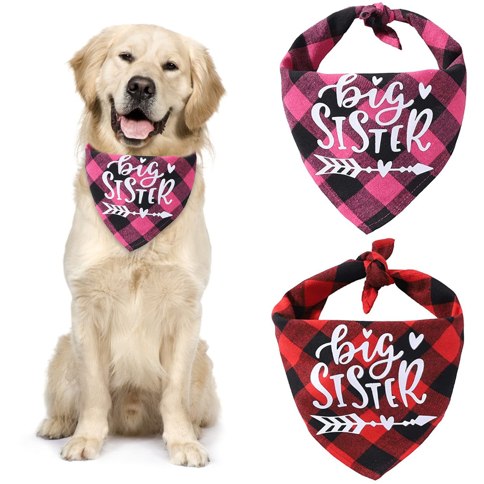 URROMA Rose Red and Red Plaid Dog Bandana Scarf, 2 Packs Soft Cotton Dog Bandana Adjustable Triangle Pet Scarf for Small Medium Dogs Pets