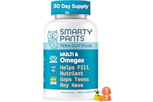 SmartyPants Teen Guy Multivitamin Gummies - Improved Formula: Omega 3 (DHA/EPA), Vitamin D3, C, Vitamin B12, B6, A, K & Zinc, Folate, Gluten Free, Fruit Flavor, 60 Count (30 Day Supply)