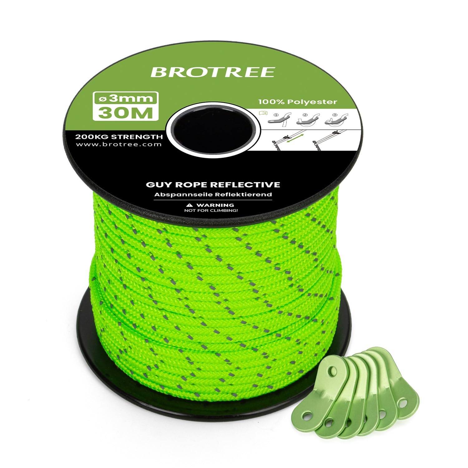 BROTREE Tent Guy Rope 3mm 30m Reflective Guy Line Heavy Duty Guide Rope with 6Pcs Aluminum Tensioners for Tent Gazebo Awning Camping (Neon Green)