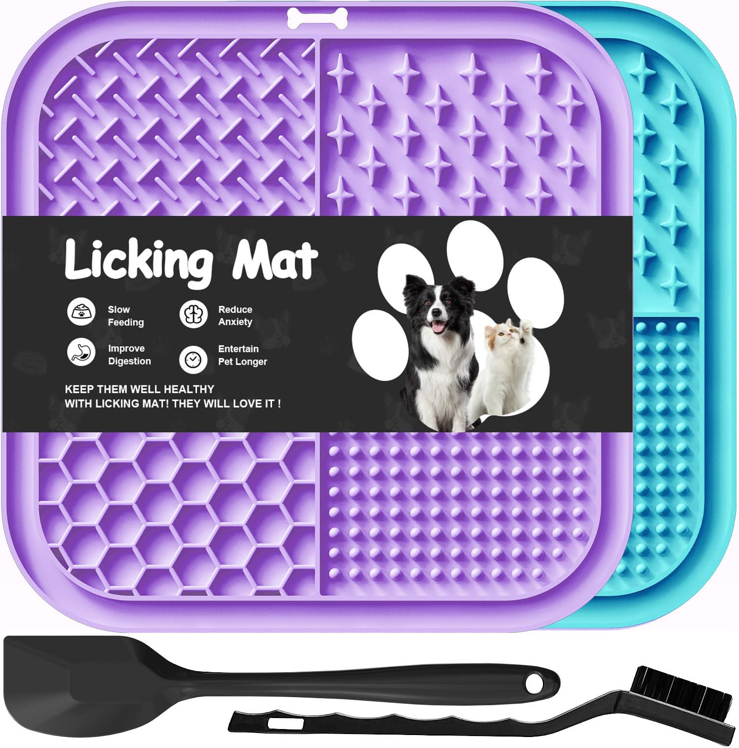 Azyh 2 Licking Mats for Dogs and Cats with Suction Cups 20 x 20 cm, Slow Feeder to Relieve Anxiety, Toys, Feeding Mat for Butter, Yogurt, Peanuts
