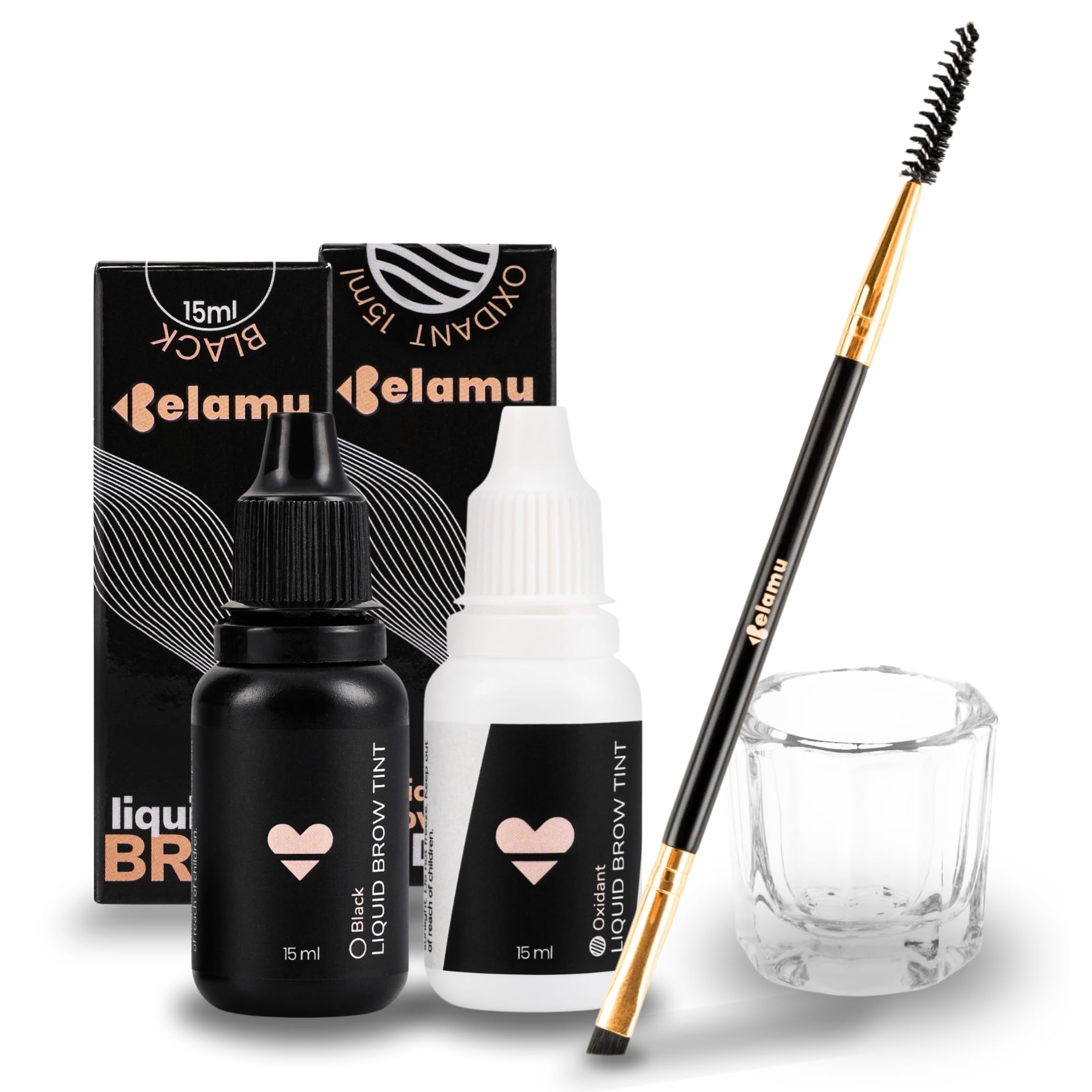 Belamu Brow Liquid Tint Kit - Hot Novelty Professional Hybrid Eyebrow Dye Set - Super Long Lasting - Up to 6 Weeks - Tint Color, Oxidant, Quality Dual-Ended Brush, Glass Dish, BLACK TINT KIT