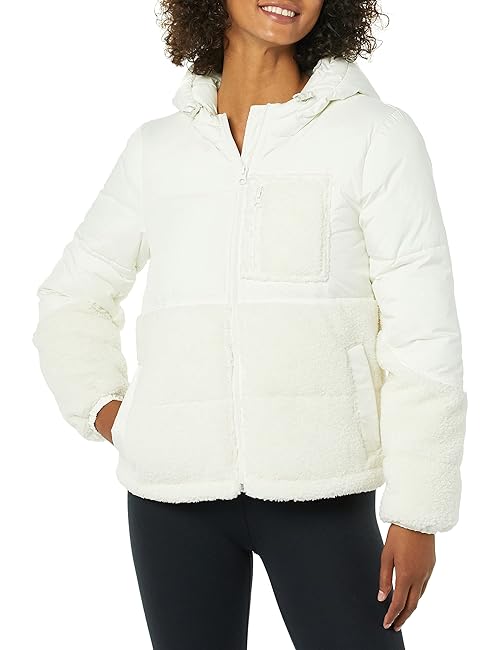 Amazon Essentials Women's Full-Zip Sherpa Fleece Hooded Puffer Jacket, Ivory, XX-Large