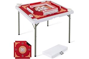 GYMAX Mahjong Table Foldable with Mahjong Mat, 4-Player Square Domino Table w/Cup Holders & Carrying Handle, Anti Slip Noise Reduction for Mahjong, Poker, Card Board Games (Red)