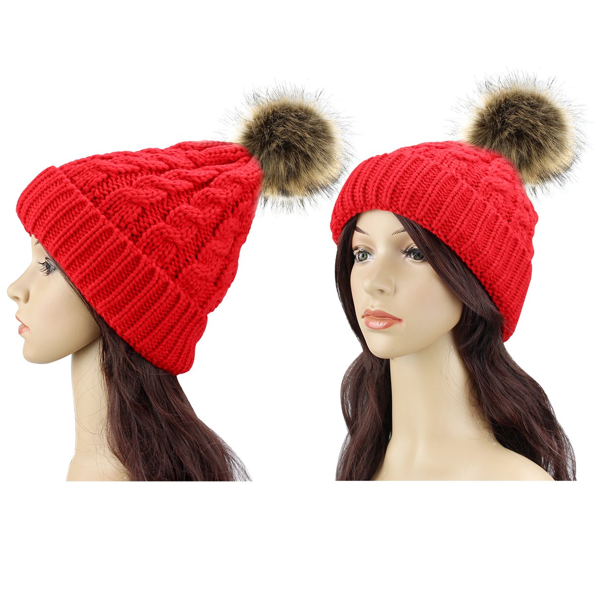 2 Pack Womens Knitted Chunky Beanie Faux Fur Pom Pom Beanie