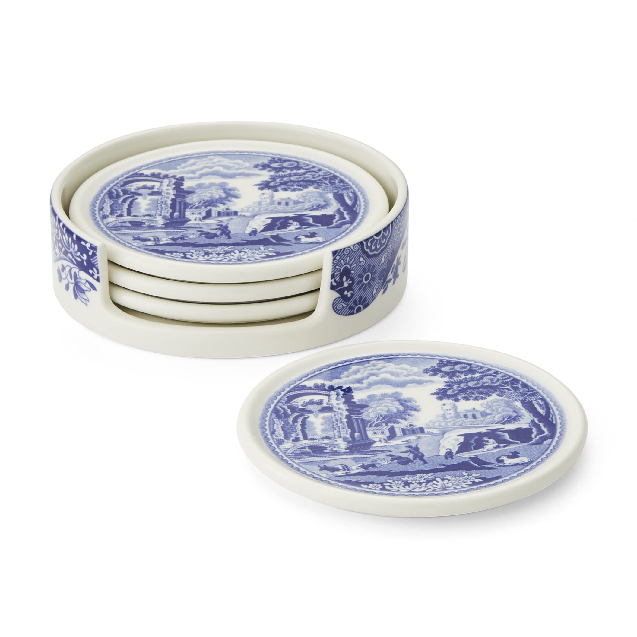 Photo 1 of ****coasters intact, holder is broken**** Spode Blue Italian Ceramic Coasters with Holder - Set of 4 Drink Coasters for Table Protection, Porcelain Drinkware Essentials Featuring Scenic Italian Countryside Design, 3.75 Inch