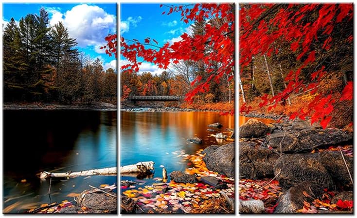 RuYun Hermoso otoño Hojas Rojas Paisaje Lienzo Pintura Lago árbol