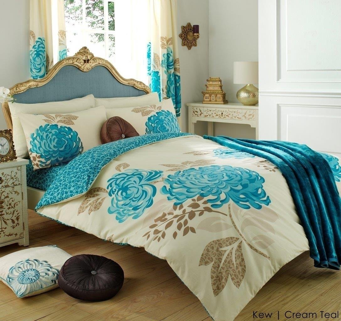 3PCs Kew Cream Teal Duvet Cover Set With Pair of Pillowcases in Size