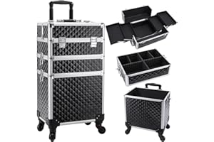 Faquenc 3 in 1 Rolling Makeup Case, Makeup Case with Wheels Cosmetology Case Makeup Trolley Nail Tech Cart Organizer for Traveling Makeup Artist Nail Art Hair stylist Salon Barber with Lock, Black
