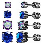 Hopply 4 Pairs Titanium Screw Back Surgical Stainless Steel Earrings for Women Men,Rainbow 5A Cubic Zirconia Studs Double Side Earrings Piercing Sleeper Jewelry 6mm