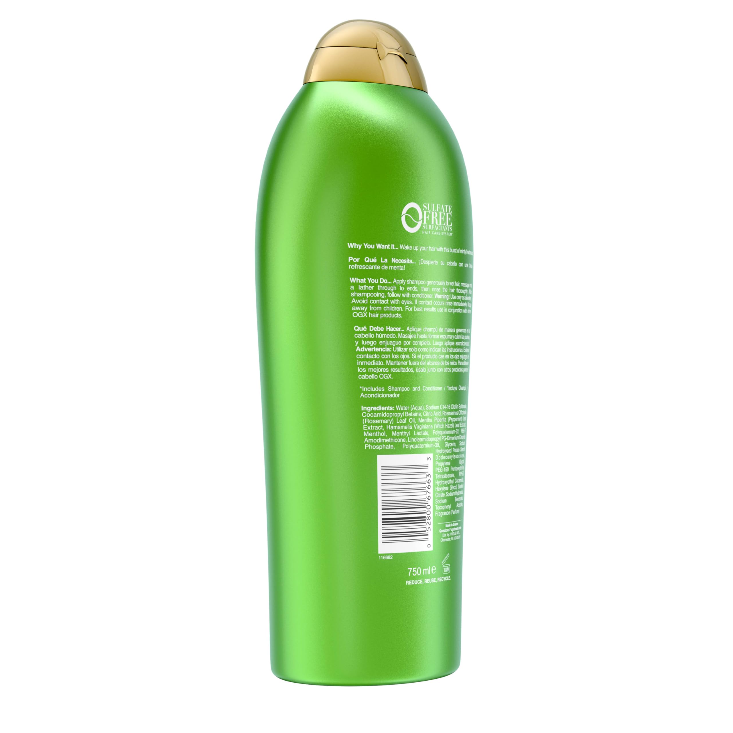 OGX Extra Strength Refreshing Scalp + Rosemary Mint Shampoo, Clarifying Shampoo for Oily Hair Helps Remove Oil & Residue to Clear Away Buildup, Sulfate-Free Surfactants, 25.4 fl. oz