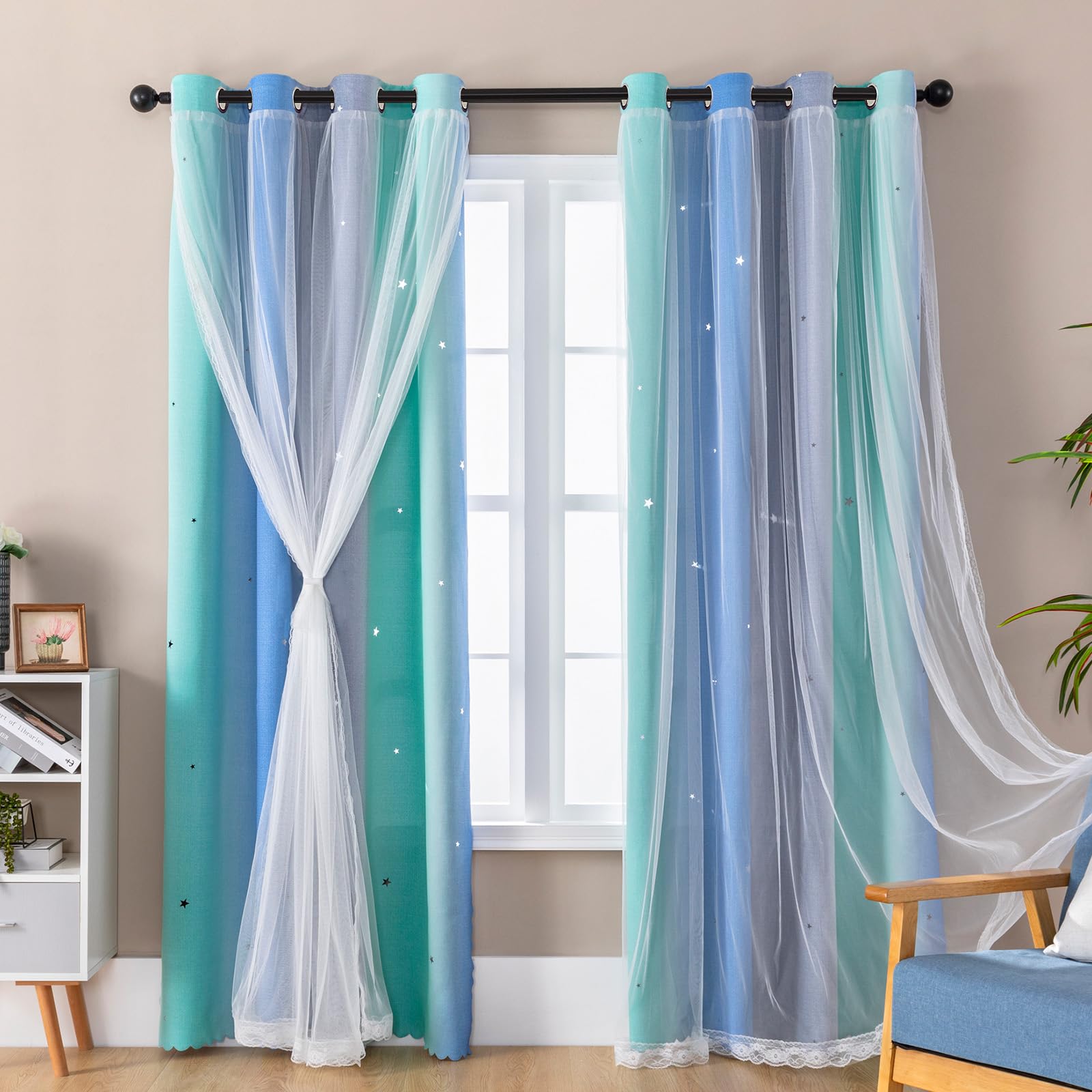 XiDi Nursery Curtains 52x72 Inch for Adult with Star Cutouts - Glass Door Wall Decor Duck Egg Blue Ombre 2 Layers