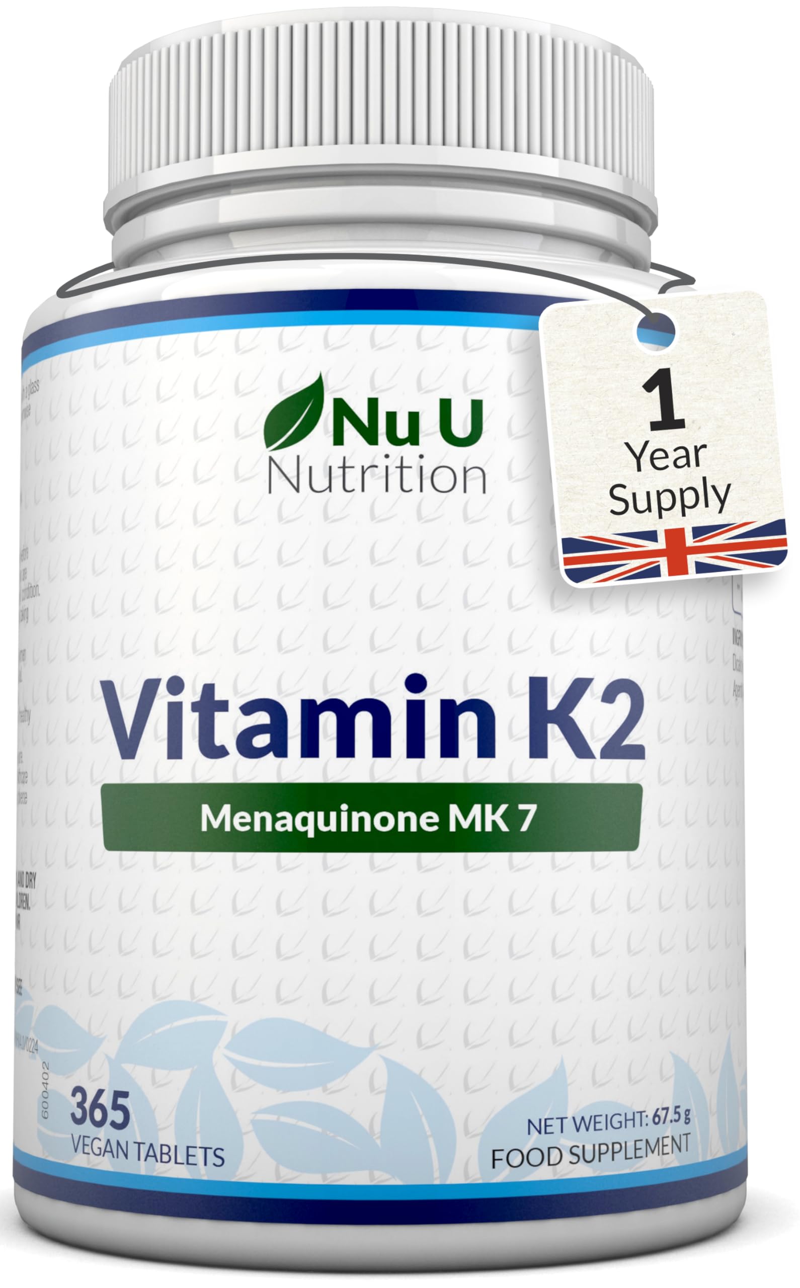Vitamin K2 MK7 200mcg - 365 Vegan Tablets not Capsules - 1 a Day - 1 Year Supply - High Strength VIT K2 Menaquinone - Easy to Swallow - Made in the UK - Nu U Nutrition