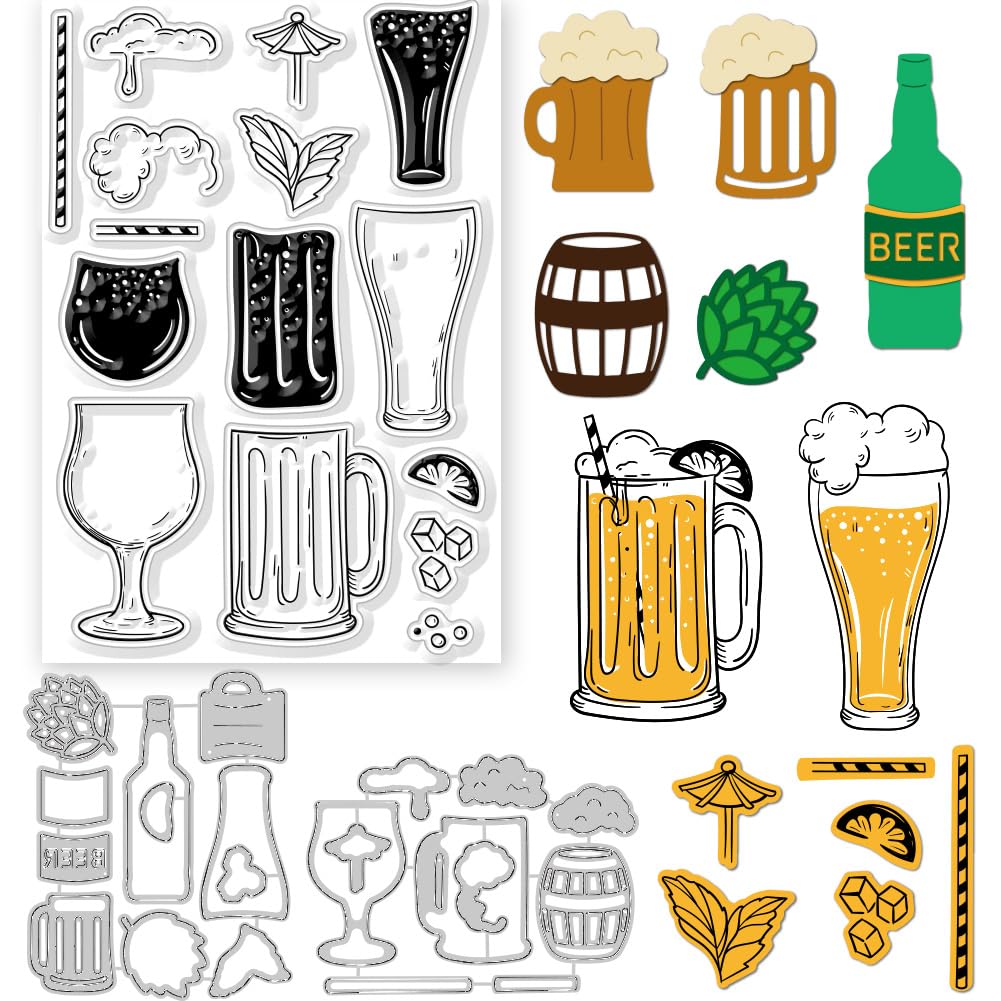 GLOBLELAND Beer Clear Stamps and Cutting Dies Beer Stamps and Embossing Die Cuts Silicone Stamp Cards and Metal Cutting Die for Card Making and DIY Embossing Scrapbooking