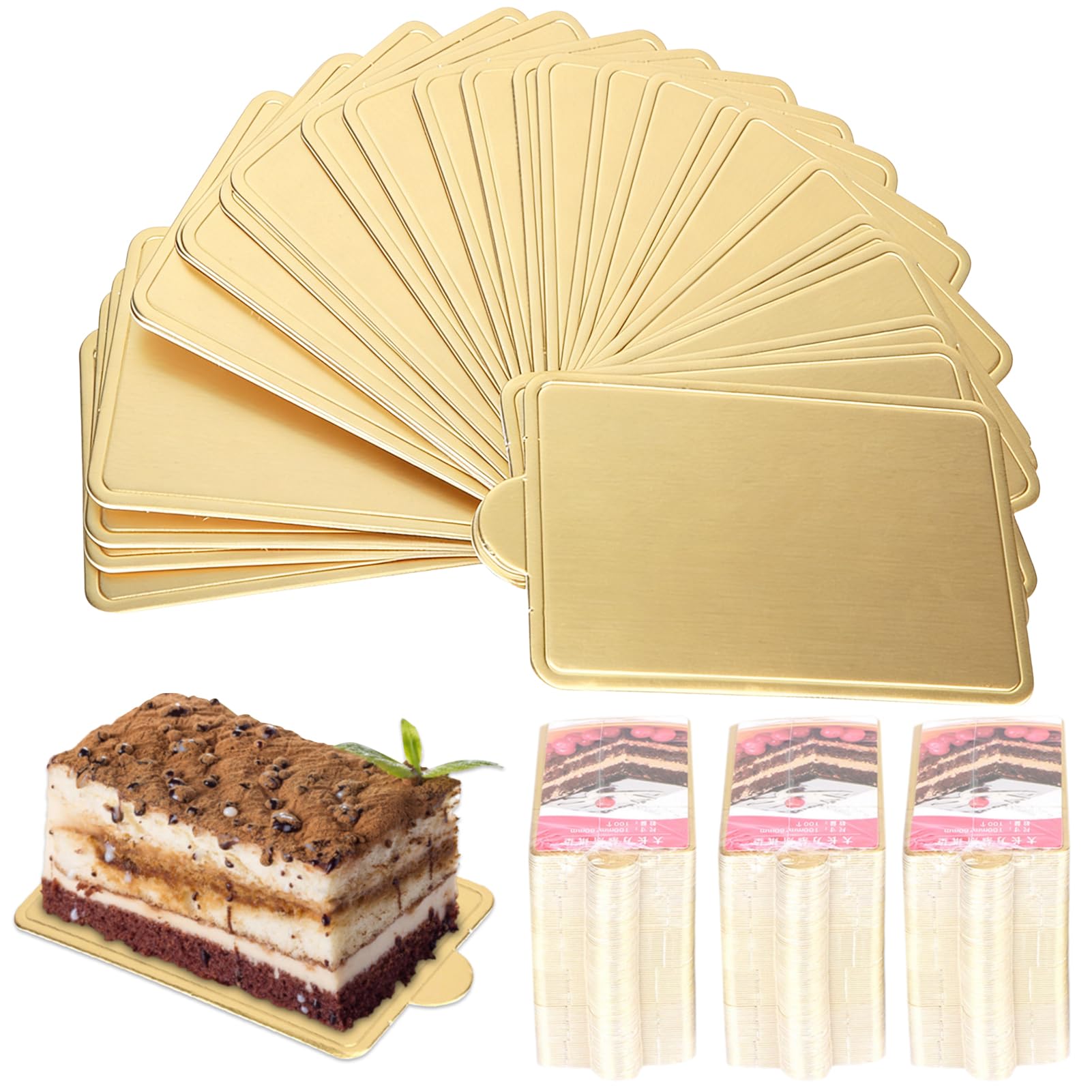300pcs Cardboard Cake Bases, 4 x 2in Rectangular Mini Golden Mousse Cake Boards Cake Paper Plates Dessert Board Base Grease for Wedding Birthday