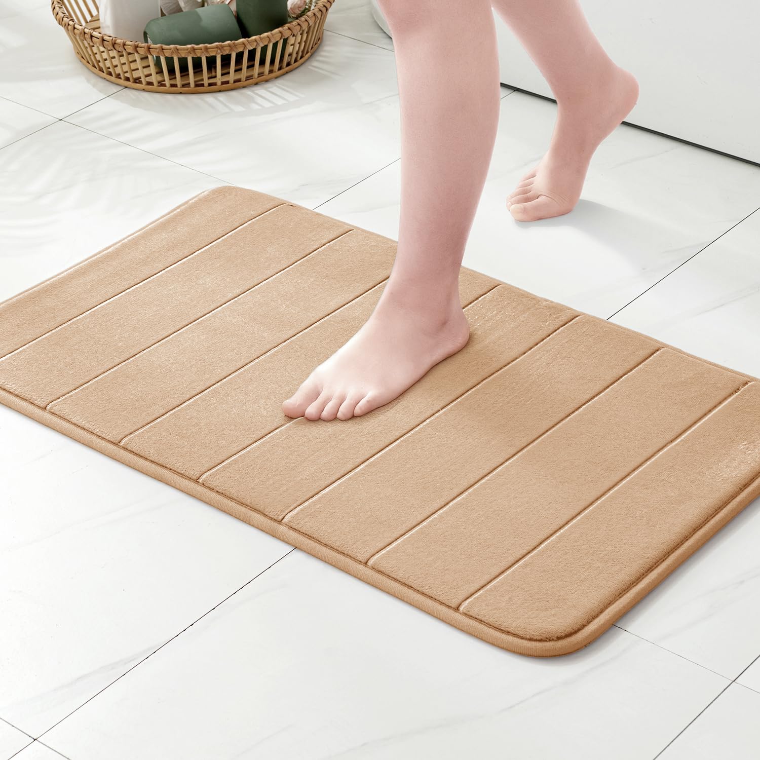 MIULEE Memory Foam Bath Mats Non Slip Bathroom Mat Bath Rug Shower Mat Coral Fleece Softness Highly Absorbent Washable Bathroom Rug Bath Mats for Bathroom Kitchen Entrance 40x60 cm Light Tan — image 1