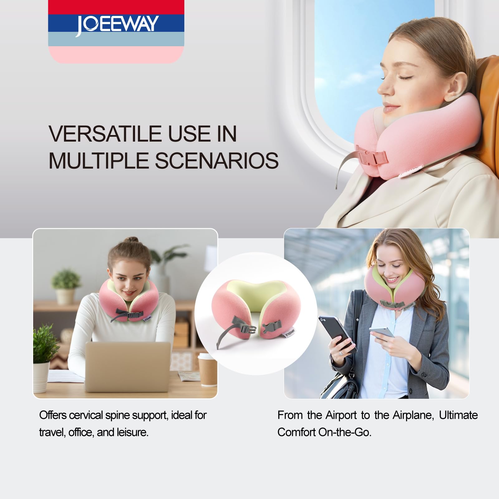 Joeeway Travel Pillow for Neck Support,Comfortable Travel Neck Pillow with Adjustable Strap,100% Pure Memory Foam Airplane Pillow,for Long Flight,Train,Pink