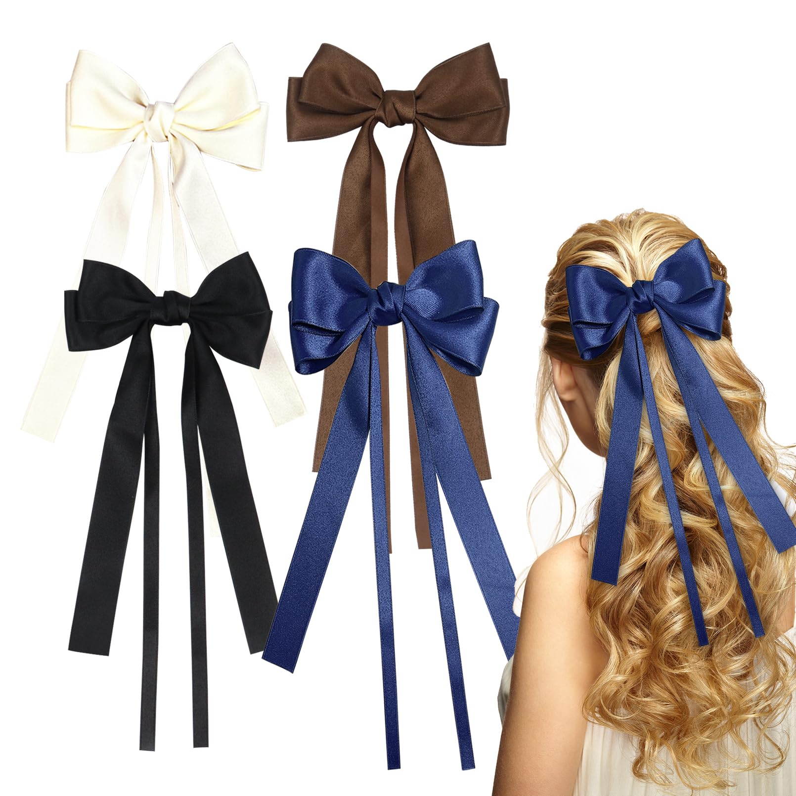 4 Pack Bow Hair Clips for Women Girls, Black Hair Bows Hair Ribbons Satin Bows for Hair(Black, Beige, Brown, Dark Blue)