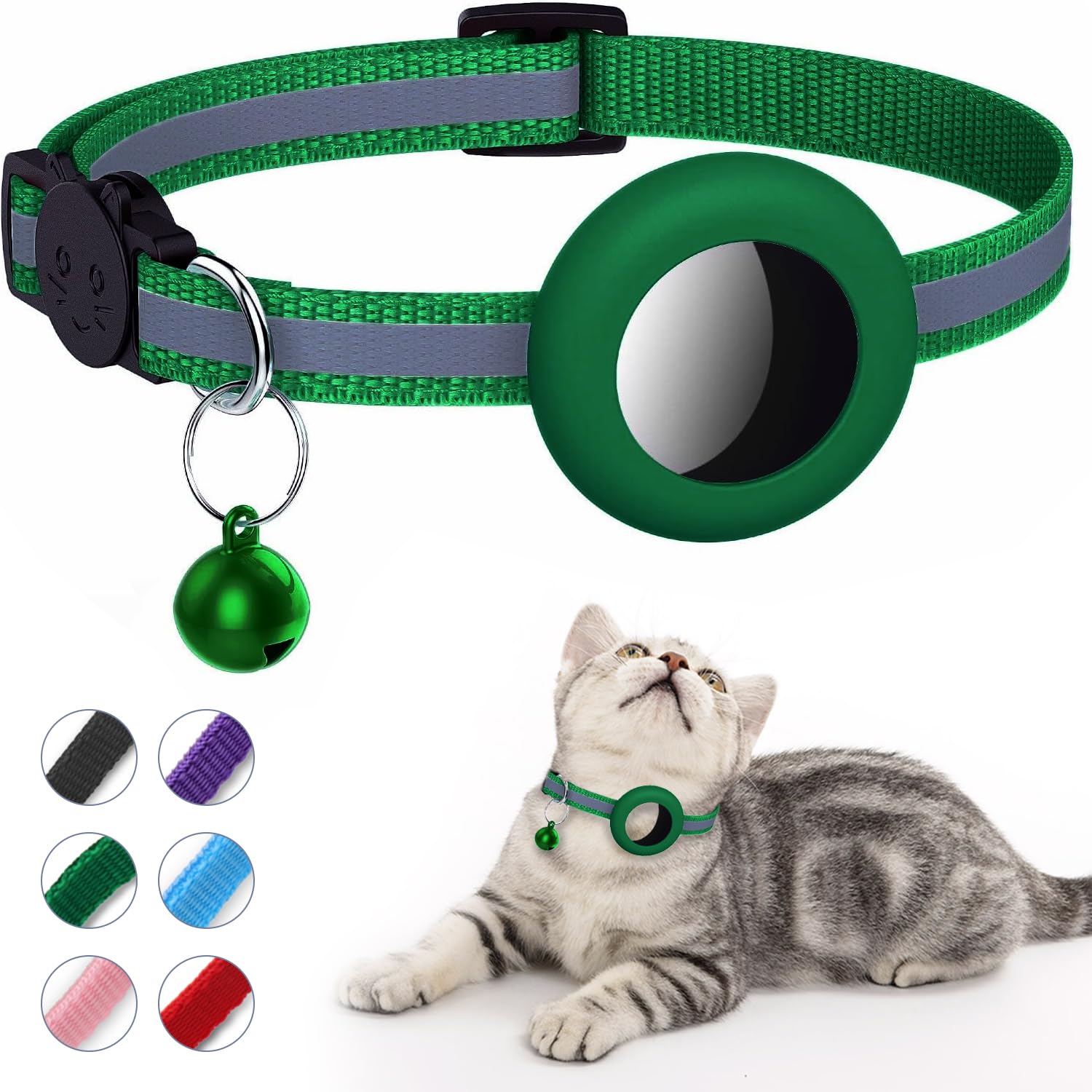 DOETYD Airtag Cat Collar, Reflective Air tag Cat Collar with Bell, Waterproof Airtag Holder Compatible with Apple Airtag, Anti-Lost Cat Tracker Collar for Cats Kittens and Small Dogs (Green)