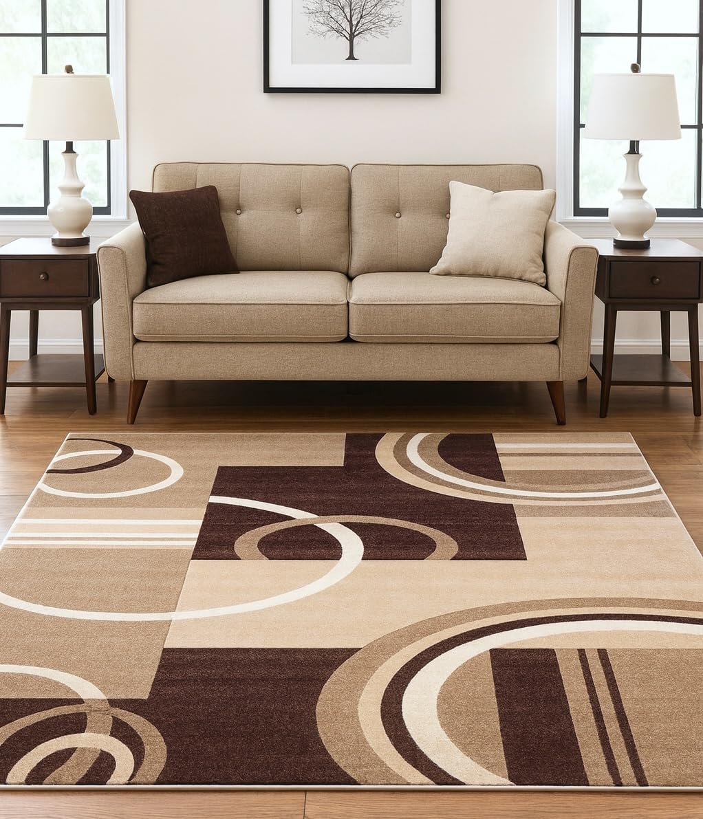Well Woven Ruby Echo Shapes & Circles Geometric Ivory and Beige 6 by 9 Rug for Living Rooms & Dining Rooms - Neutral Modern Carpet, Easy Care Geometric Pattern, Floor Covering with Abstract Circles Image