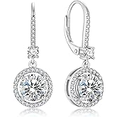Oskani Round Dangle Drop Leveback Earrings for Women, 925 Sterling Silver 5A Cubic Zirconia Ruond Birthstone Earrings for Hypoallergenic Jewelry Gifts for Her