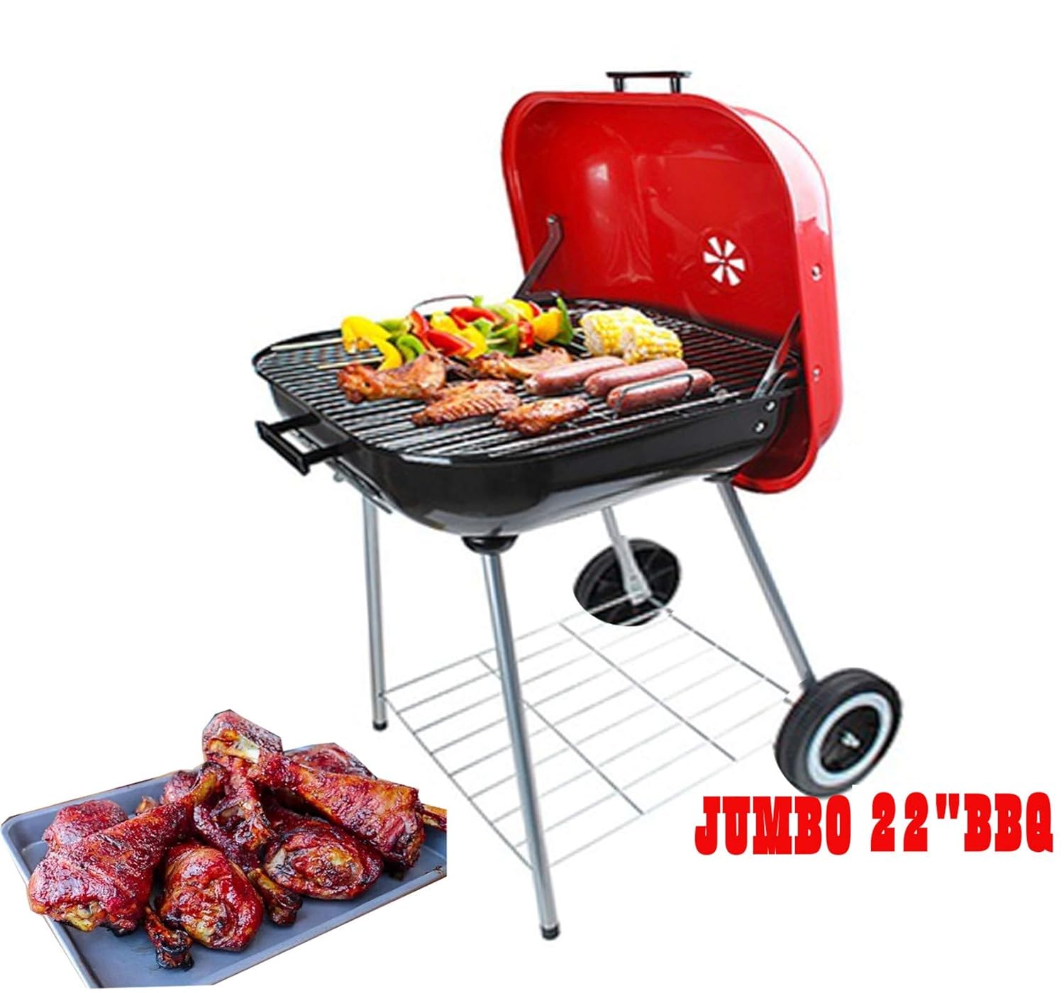 22" Freestanding BBQ utility Grill for Outdoor Backyard Cooking, Stainless Steel for Standing & Grilling Steaks, Burgers,Camping,Hiking, Pitmaster & Tailgating-(Red/Black,22 X 25 Inch)