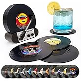12-Pack Retro Vinyl Record Coasters, 80s Music Themed Drink Coasters for Table Protection, Unique Gifts for Music Lovers, Housewarming, Birthday, White Elephant, Vintage Home Decor (12PC Storage seat)