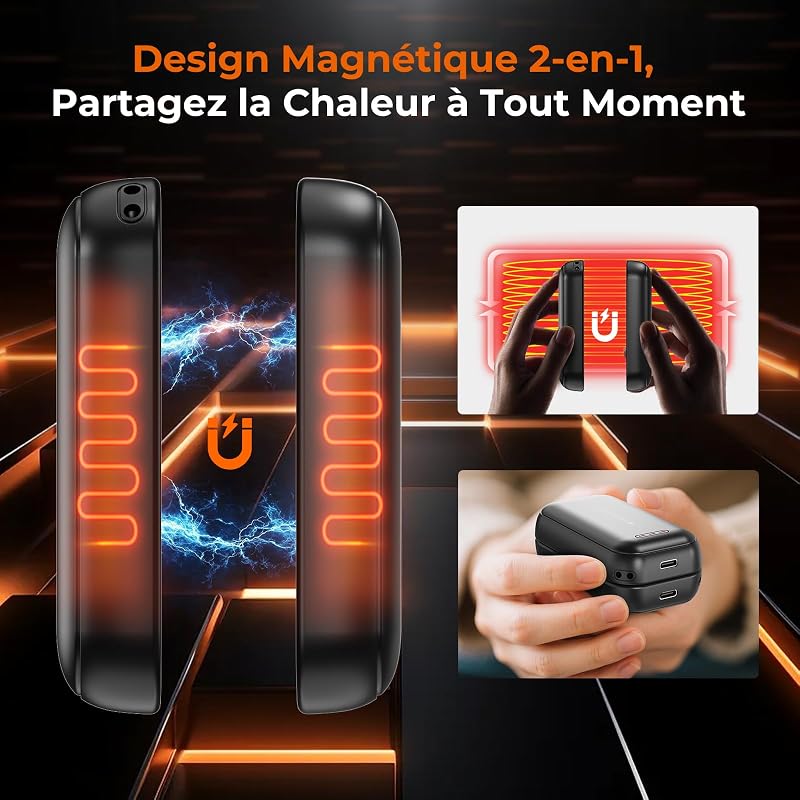Chauffe Main Rechargeable 2 en 1 Magnetique, Batterie de 6000 mAh, 3 Niveaux de Chaleur, Chauffe-Mains avec câbles USB, pour Les activités en Extérieur et Le Froid, Cadeaux pour Femmes, Noir