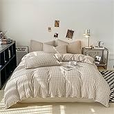 Nayoroom Gingham Duvet Cover Queen Size Brown Tan Plaid Checkered Comforter Cover Grid Farmhouse Bedding Set 3 Pcs Soft Breathable Washed Microfiber Gifts for Women Men