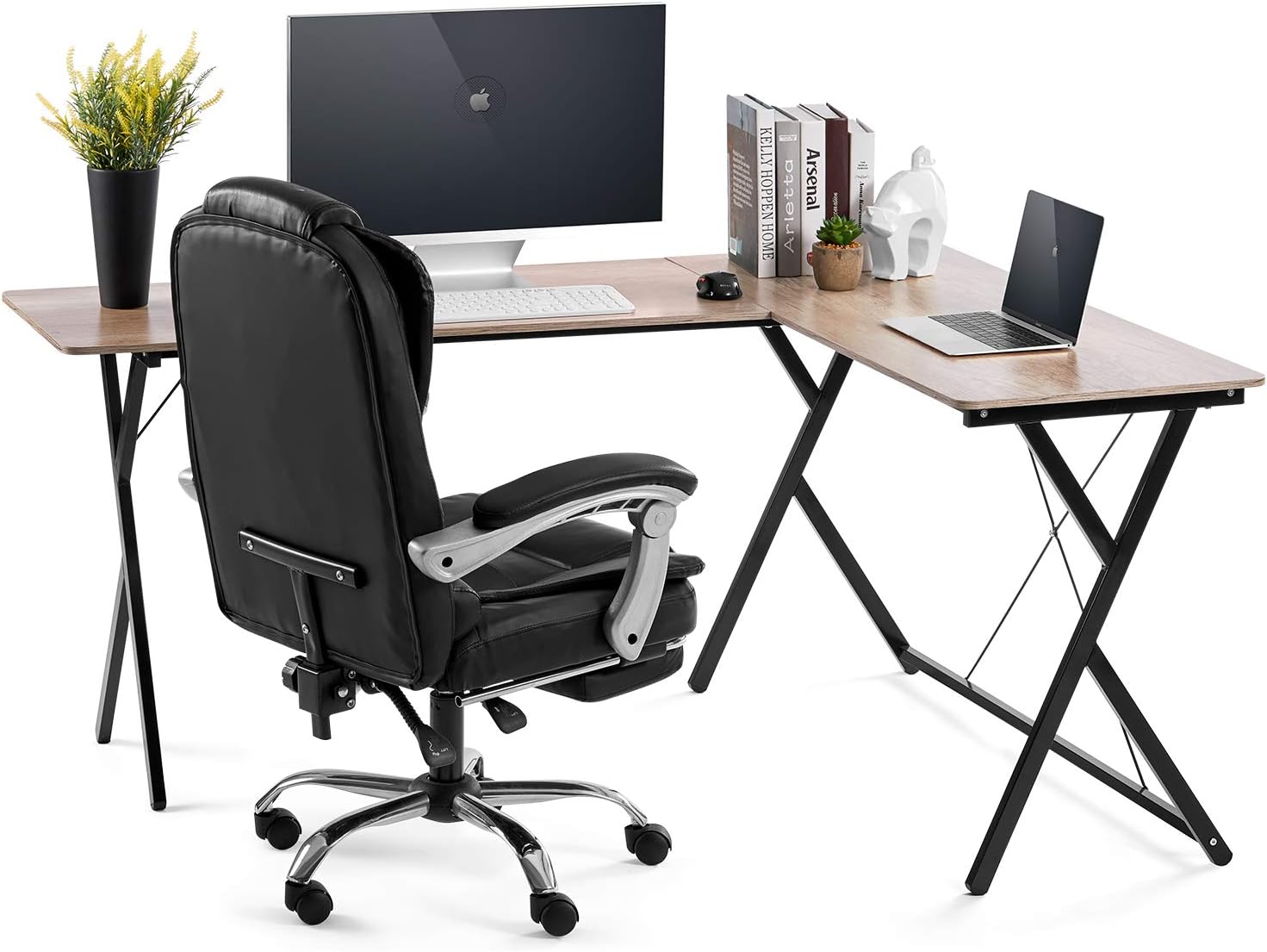 AOOU Computer Desk L-Shaped Desk, PC Monitors Home Office Desk, Corner Table with Simple Modern Design for Easy Assembling, Shiny Surface Scratch Resistant Tabletop, Modern Wood Grain