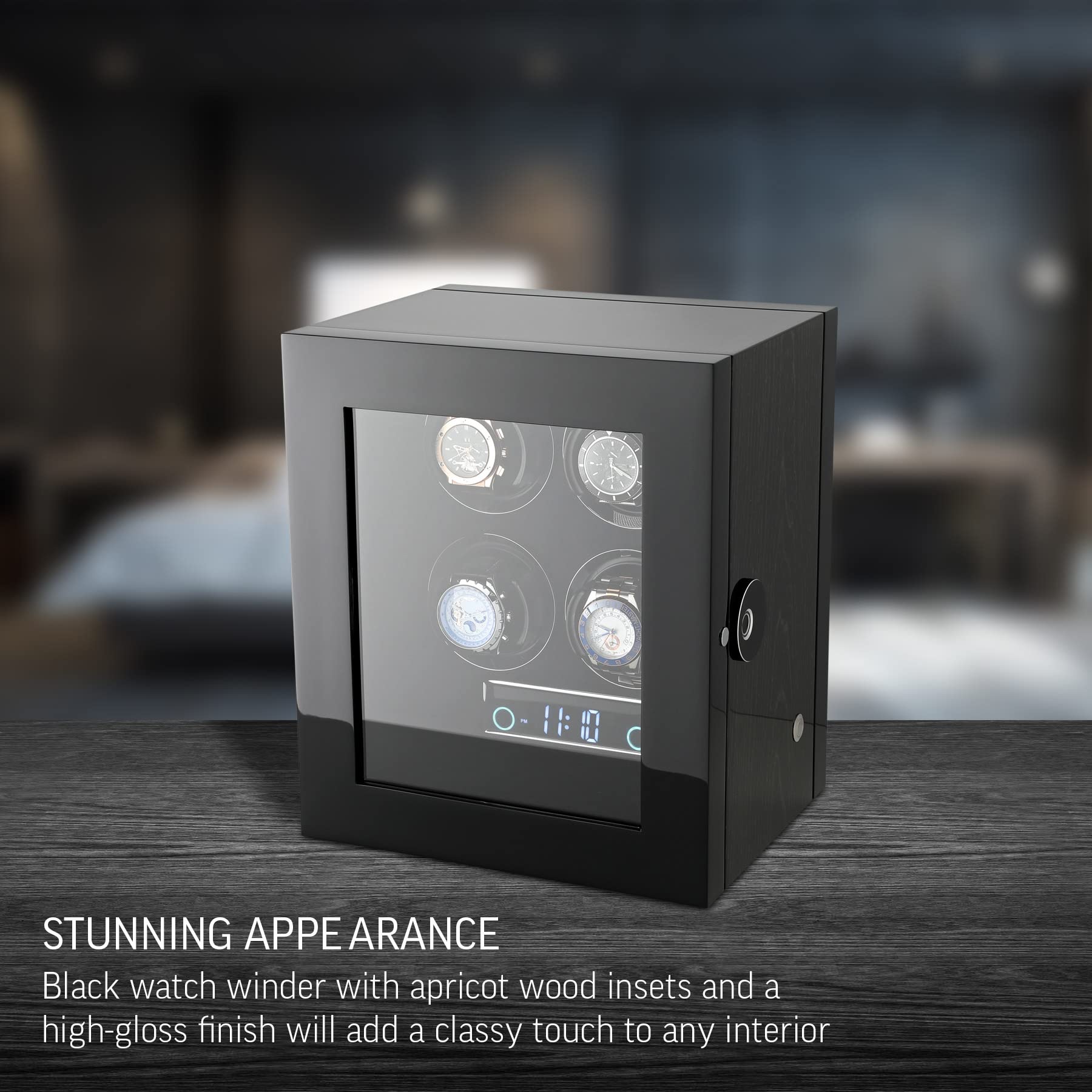 Watch Winder for 4 Watches with Fingerprint Lock, Interior Backlight and Remote Control