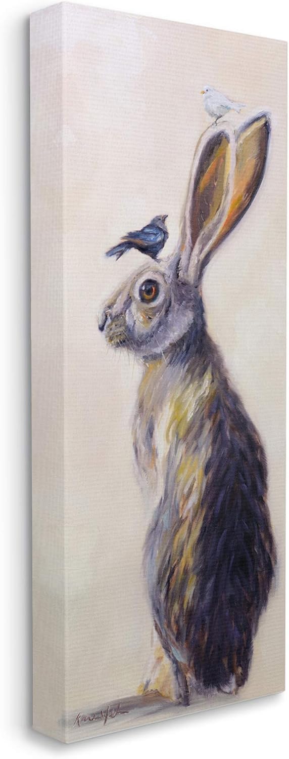 Paintings - Stupell Industries Minimal Woodland Rabbit with Perched Birds Painting, Design by Karen Weber Fine Canvas Wall Art, 10 x 24, Off-White