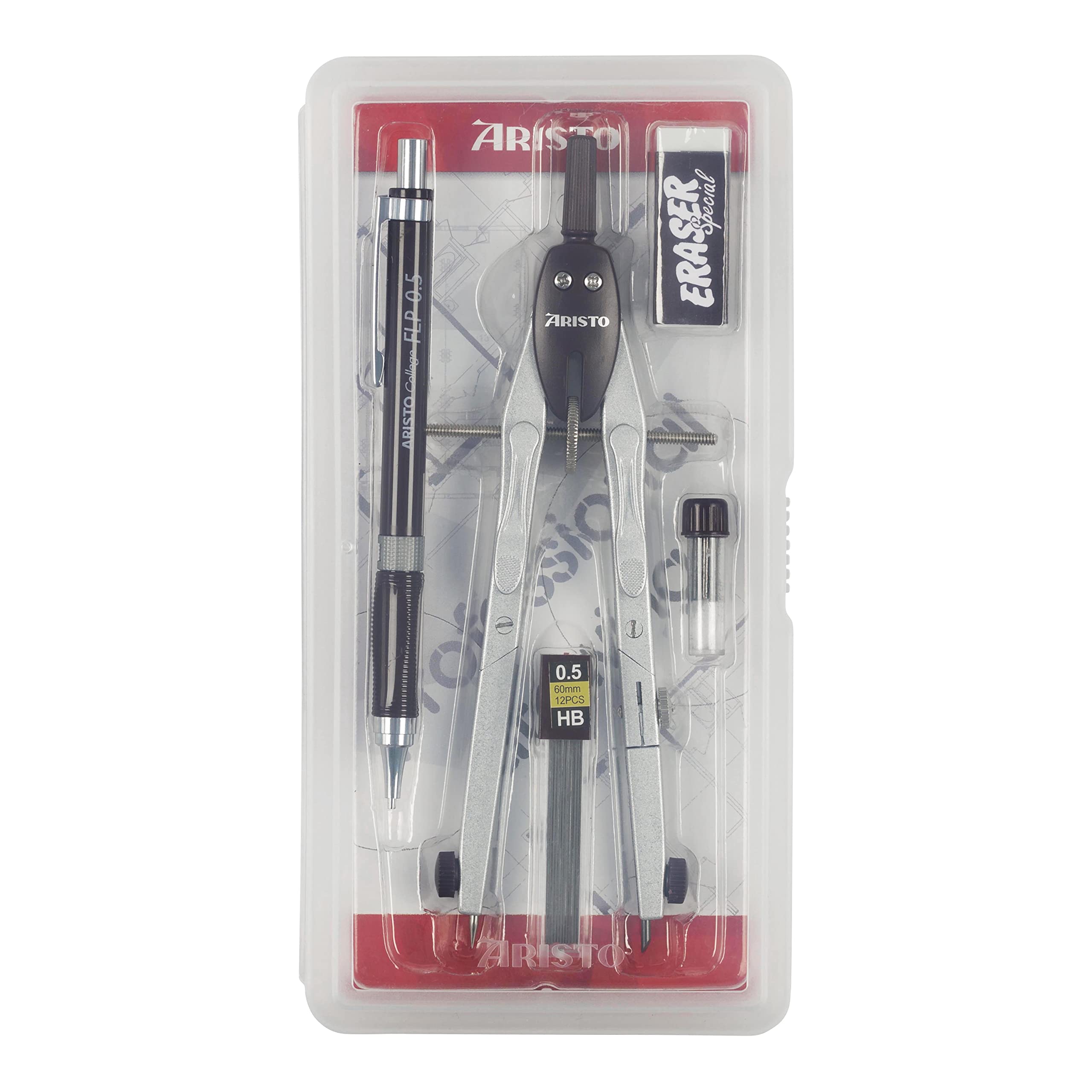 Aristo AR80064 College Quick Adjusting Compass Set 5 Pieces (Compass with 2 Joints, Mechanical Pencil Including Refills 0.5 mm, Eraser, Replacement Compass Leads and Compass Needle) Silver-Wine Red