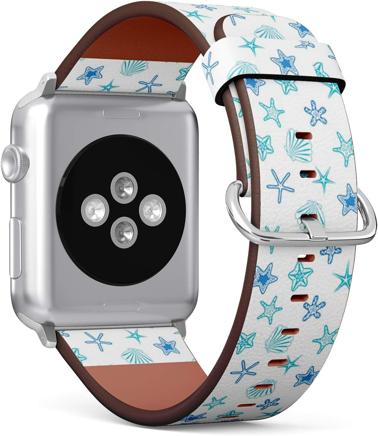 Compatible with Apple Watch (Big 42mm/44mm) Series 1,2,3,4 - Leather Band Bracelet Strap Wristband Replacement - Starfishes Seashells Marine