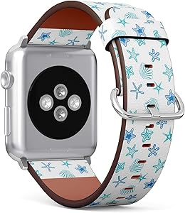 Compatible with Apple Watch (Big 42mm/44mm) Series 1,2,3,4 - Leather Band Bracelet Strap Wristband Replacement - Starfishes Seashells Marine