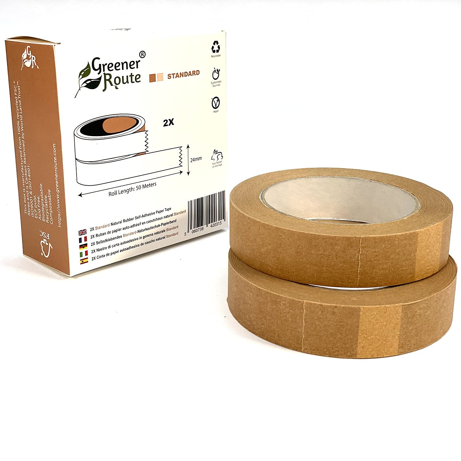 2X Standard Paper Tape 24mm by Greener Route | Recyclable | Natural Rubber Self-Adhesive | 50 Meter Length | Framing, Masking, Packing or Wrapping | 50 Meter Length (2)
