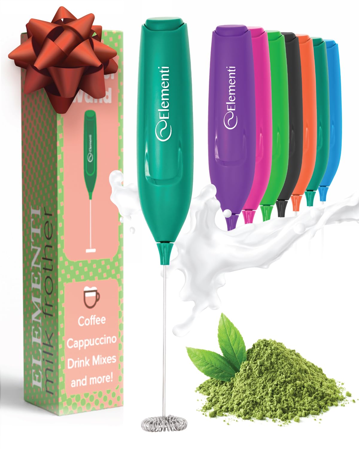 Elementi Powerful Matcha Whisk – Lightweight Matcha Frother Wand & Drink Mixer Handheld, High Speed Mini Whisk for Tea & More, Coffee Mixer Wand, Milk Frother Handheld (Emerald Green)