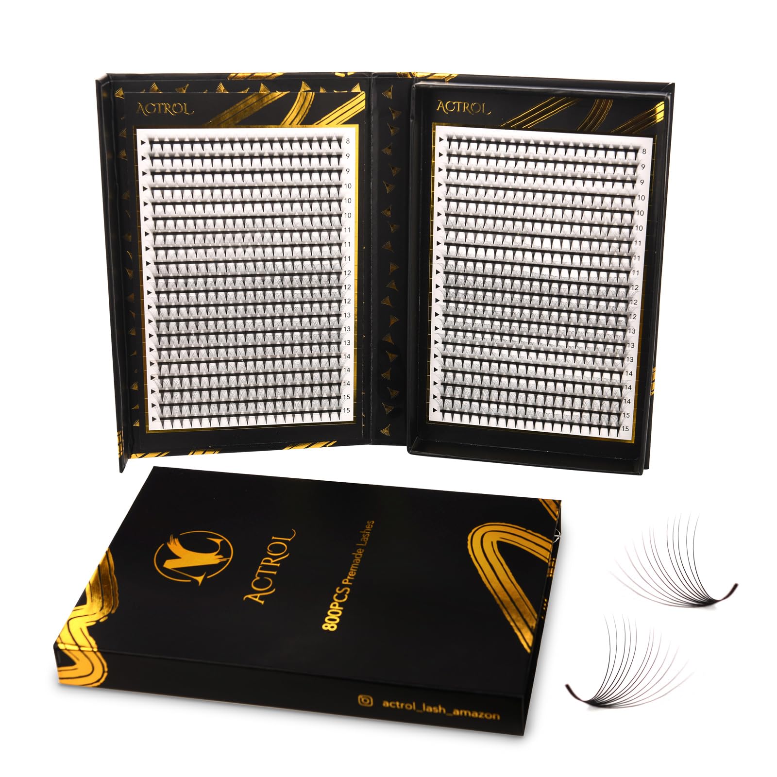 ACTROL Pre Made Fan Eyelash Extensions 12D 0.07mm C Curl 800 PCS 8-15 Mix Double Lashes Tray Narrow Russian Lashes Fan Handmade Hardcover For Lash Artists and Individuals